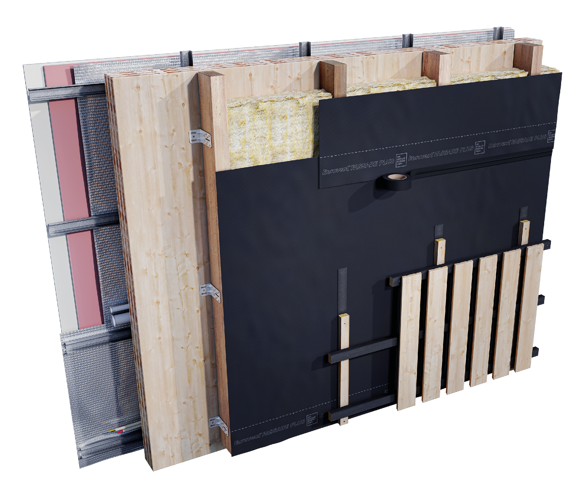 Eurovent® FASSADE PLUS - sciana w technologii CLT, membrana wiatroizolacyjna w systemie elewacji otwartej montaz 