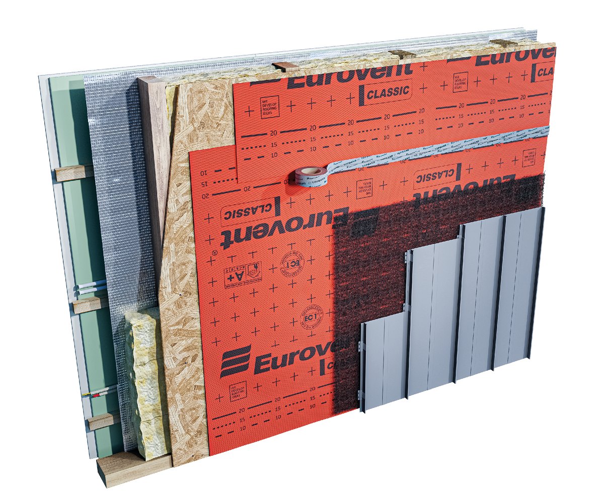 Eurovent® MATT - montaz warstwy drenazowej, wentylacyjnej i separacyjnej pod fasadą z blachy plaskiej na rabek stojacy