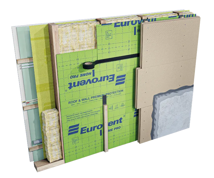 Eurovent® HOME PRO - montaz wiatroizolacji na scianie, przekrój ściany szkieletowej drewnianej