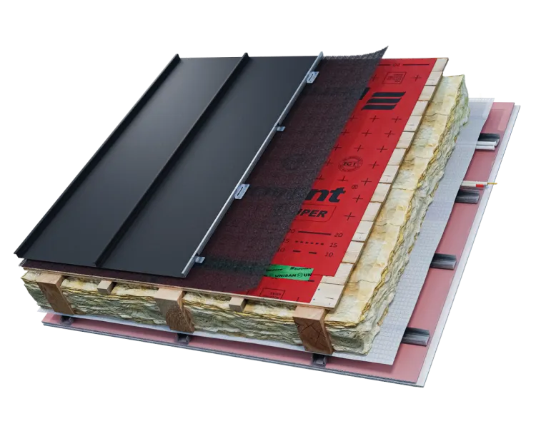 Eurovent® MATT - montaz warstwy drenazowej, wentylacyjnej i separacyjnej pod fasadą z blachy plaskiej na rabek stojacy