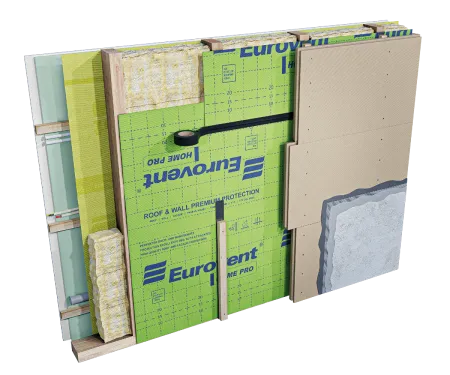 Eurovent® HOME PRO - montaz wiatroizolacji na scianie, przekrój ściany szkieletowej drewnianej